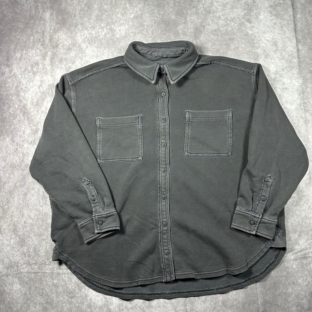 Aerie Womens Gray Oversized Fleece Shacket Shirt Jacket S Button Down Cabincore